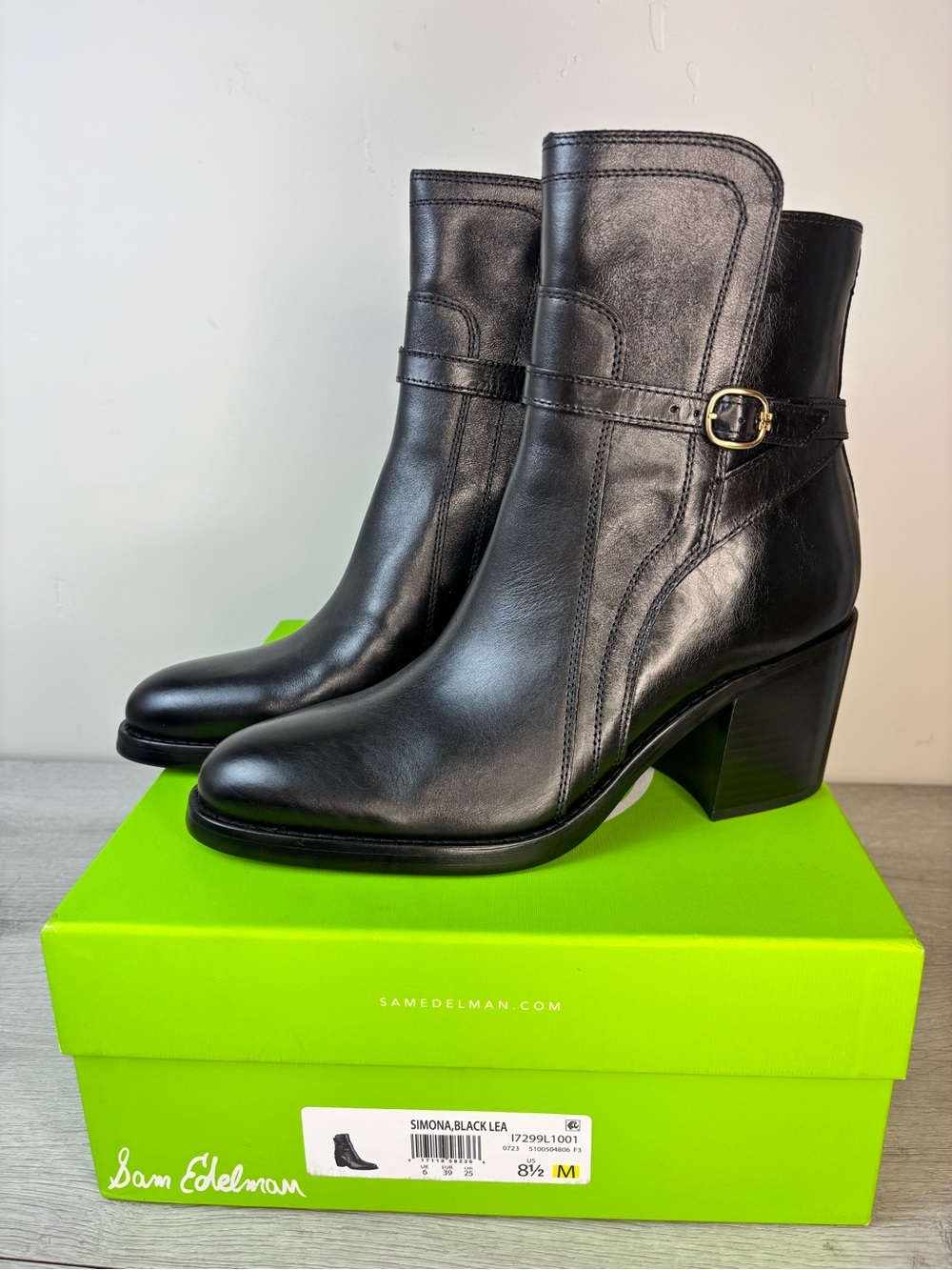 NIB Sam Edelman Simona Black Leather Ankle Boots Women’s 8.5 Block Heel